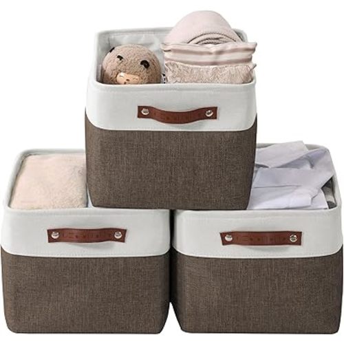 DECOMOMO Storage Bins Fabric Storage Baskets for Shelves, Linen Closet Organization Toys Nursery (Brown and White, Large - 3 Pack)