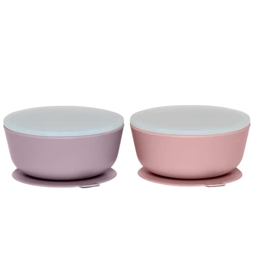 WeeSprout Suction Bowls for Baby & Toddlers (Set of 2) - 100% Silicone w/Plastic Lid - Leak Proof Feeding Supplies - Dishwasher & Microwave Safe Infant Dinnerware w/Extra Strong Base