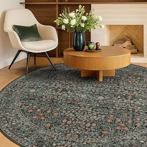 Washable Round Area Rug for Living Room, Soft Round Rugs 6ft Non Slip with Rubber Backing, Vintage Large Circle Carpet for Bedroom Kitchen Nursery, Dark Green Floral Décor