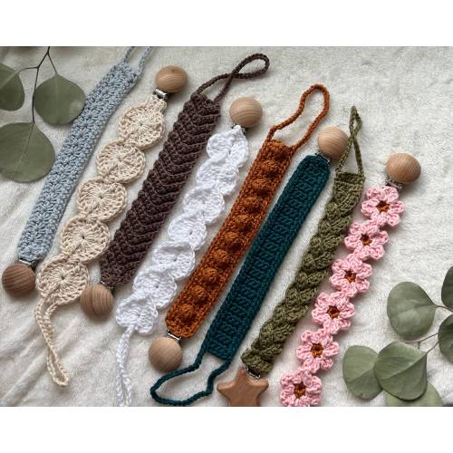 Crochet Pacifier Clip: Mercerized Cotton Binky Clip with Beech Wood