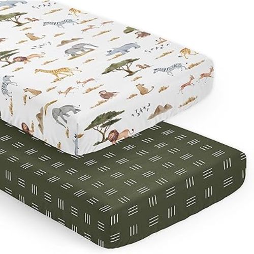 Sweet Jojo Designs Jungle Animals Boy Girl Gender Neutral Unisex Baby Fitted Crib Sheet Set Infant Newborn Nursery Toddler Bed Room Standard Mattress 2p Green Boho Wildlife Safari Animal Elephant