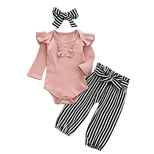 ADXSUN Newborn Baby Girl Clothes Ribbed Ruffled Romper+Striped/Cow/Leopard Flared Pants Infant Outifts 0-18 Months
