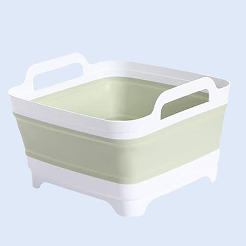 Collapsible Dish Pans for Washing Dishes 9L Portable Wash Dish Basin Foldable Laundry Tub with Drain Plug for Kitchen Sink Camping RV Accessories (White green)