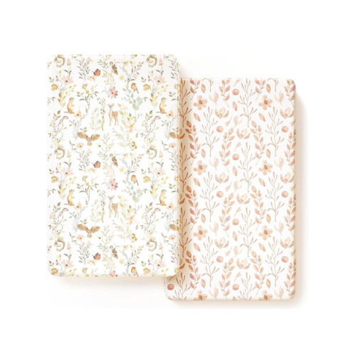 GRSSDER Stretch Ultra Soft Jersey Knit Fitted Crib Sheets Set 2 Pack,Fit All Standard Crib Mattress Pads Safe and Snug, Crib Fitted Sheet for Girls, Beautiful Blush Pink Floral and Cute Animals Print