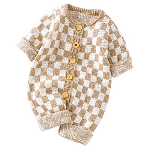 Unisex Baby Girl Boy Knitted Romper Jumpsuit Checkerboard Plaid One Piece Button Down Sweater Playsuit Clothes