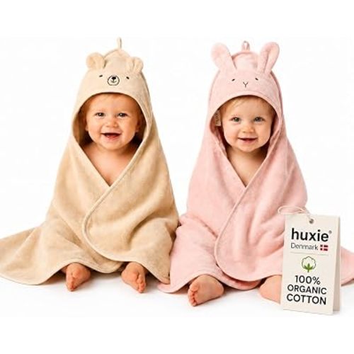 Hooded Baby Towels – 100% Organic Cotton Baby Bath Towels – Baby Girl Newborn Essentials - Super-Soft and Absorbent. (2-Pack Rabbit Blush and Bear Fog)