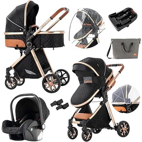 3 in 1 Baby Travel System Convertible Reversible Baby Stroller Portable Pushchair Infant Standard Pram Foldable Baby Carriage Luxury High Landscape Buggy for Newborn (UDV9-BLACKGOLD with Base)