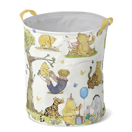 Classic Winnie Nursery Storage Basket, Large Barrel Shaped Canvas Laundry Hamper With Waterproof PE Coating, Foldable, Bathroom and Bedroom Set, Clothes,Toys Bin (Beige)