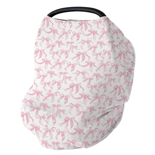 Pink Valentine's Bows Car Seat Cover for Babies Girl Bows Stretchy 5-in-1 Cover Adjustable Infant Carseat Cover Canopy Breathable Baby's First Valentine's Day Nursing Cover-Up