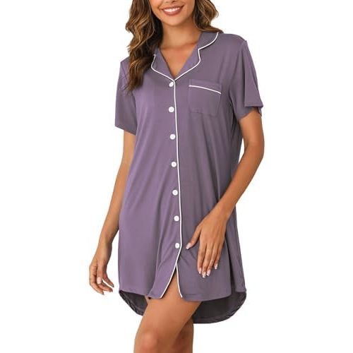 Women's Nightgown Short Sleeve Pajama Dress Soft Button Down Sleep Shirts Comfy Boyfriend Nightdress S-XXL