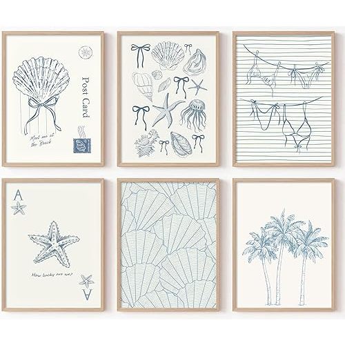 6Pcs Blue Coast Granddaughter Wall Art Beach Aesthetic Pictures Wall Decor Coastal Bikini Shell Preppy Posters Prints Starfish Palm Tree Canvas Painting for Girly Room Dorm Apartment Unframed
