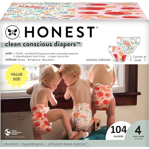 The Honest Company Clean Conscious Diapers | Plant-Based, Sustainable | Just Peachy + Flower Power | Super Club Box, Size 4 (22-37 lbs), 104 Count