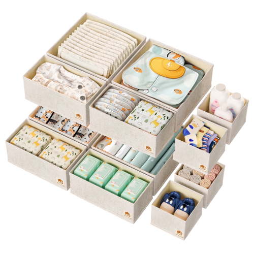 ZenStorage 12 Pack Drawer Organizer for Baby Clothes, Linen Fabric Nursery Organizer for Baby Diaper, Collapsible Deep Fabric Drawer Organizer with Zipper for Socks, Bra, Towels, Ties, Beige