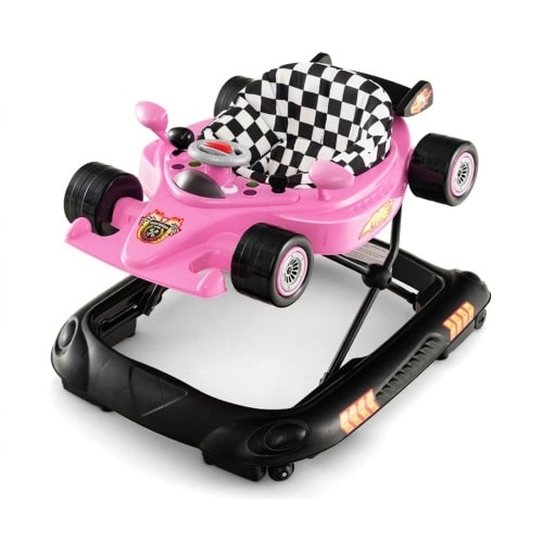 SUGIFT 28-in Convertible Baby Walker with 3 Adjustable Height Settings Realistic Racing Car Design Detachable Music Plate Removable Washable Seat Cushion Universal and Damping Directional Wheels for 7 to 14 Months Infant 26.5-lb Capacity in Pink