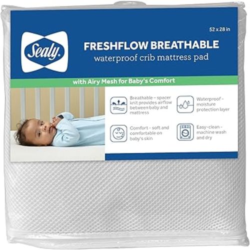 Sealy Baby FreshFlow Breathable Fitted Waterproof Baby Crib Mattress Protector, Crib Mattress Topper, Crib Mattress Pad, Toddler Bed Mattress Protector, Machine Wash/Dryer Friendly, 52” x 28”- White