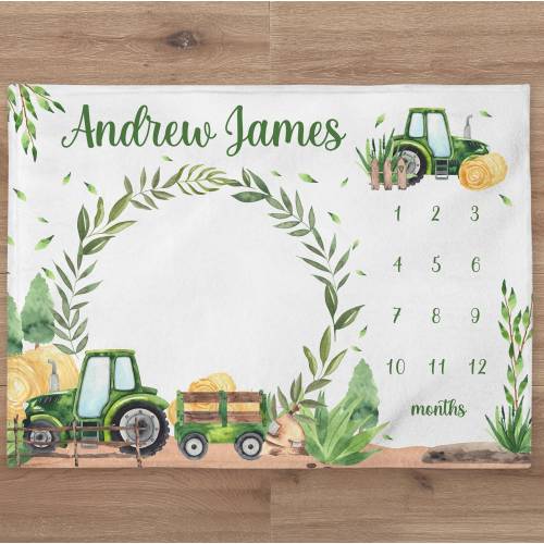 Farm Milestone Blanket Personalized Baby Boy Month Blanket Tractor Nursery Age Growth Newborn Calendar Tracker New Mom Baby Shower Gift