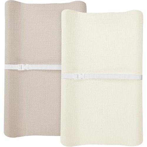 Changing Pad Cover for Baby Boy Girl 2 Pack, Muslin Changing Table Pad Covers with Boho Style, Neutral Nursery Bedding Essentials Soft and Breathable(Beige & Cream)