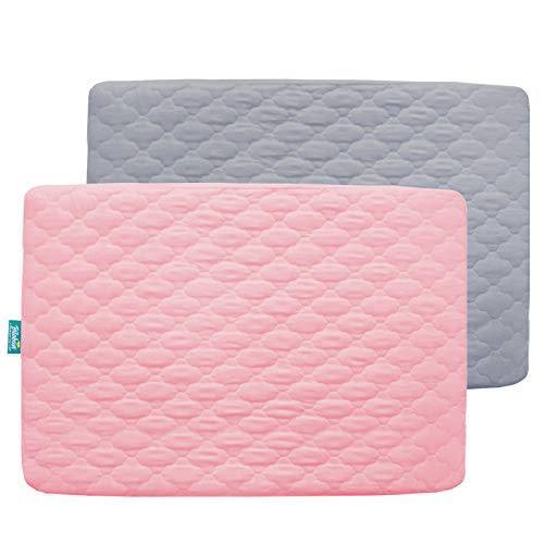 Sheet for Pack and Play Quilted Waterproof Protector, 2 Pack Premium Mattress Pad Cover 39" X 27" Compatible with Graco Pack n Play or Other Playard Mattress, Portable Mini Crib, Gray & Pink