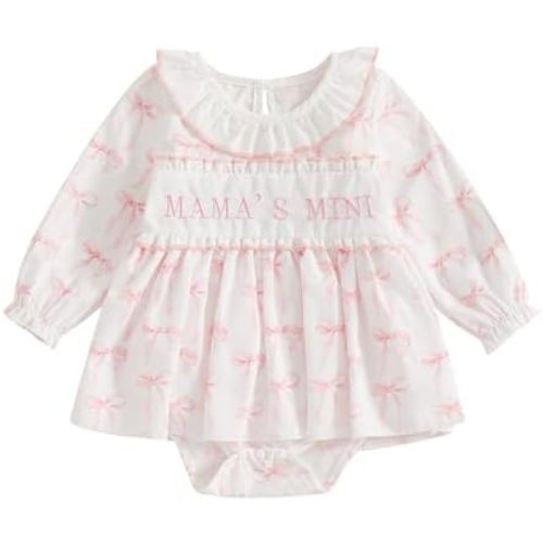 KMBANGI Mama's Mini Baby Girl Outfit Newborn Baby Girl Long Sleeve Romper Bowknot Smocked Romper Spring Fall Clothes 0-18M