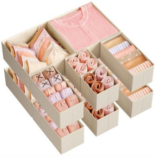 Set of 12 Foldable Fabric Drawer Organizers, 3-Size Storage Bins for Socks Underwear Accessories, Summer Sand