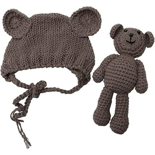 ECYC Newborn Baby Bear Hat Beanie with Bear Dolls Photography Accessories,Brown