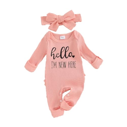 FIOMVA Im New Here Newborn Outfit Girl Long Sleeve Letter Romper Ribbed Knit Jumpsuit Baby Girl Preemie Coming Home Outfit