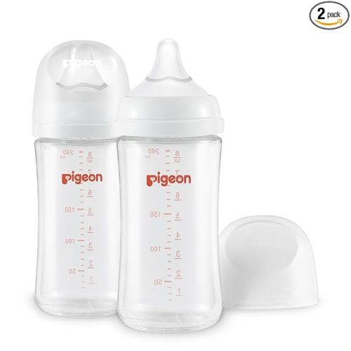 Pigeon Glass Nursing Bottle Wide Neck, Anti-Colic, Streamlined Body, Natural Feel, Easy to Clean, Heat-Resistant, 8.1 Oz(Pack of 2), Includes 2pcs M Nipples (3m+)