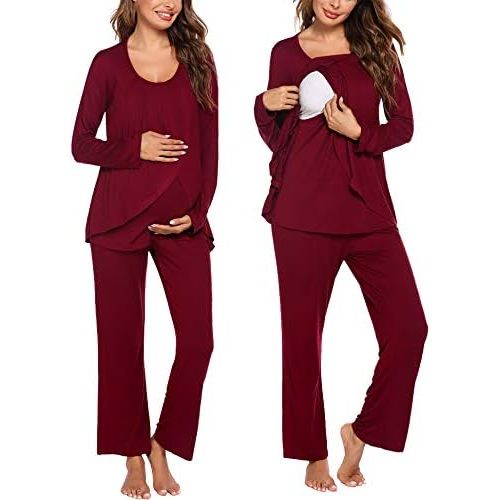 Ekouaer Maternity Nursing Pajama Set Long Sleeve Top & Pants with Pockets Breastfeeding Sleepwear Double Layer Pregnancy