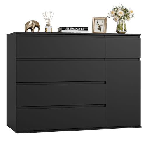 FOTOSOK 5 Drawer Dresser, Black Dresser for TV Stand, Double Wide Storage Chest of Drawers with Door, Deep Drawers and Wide Storage Space