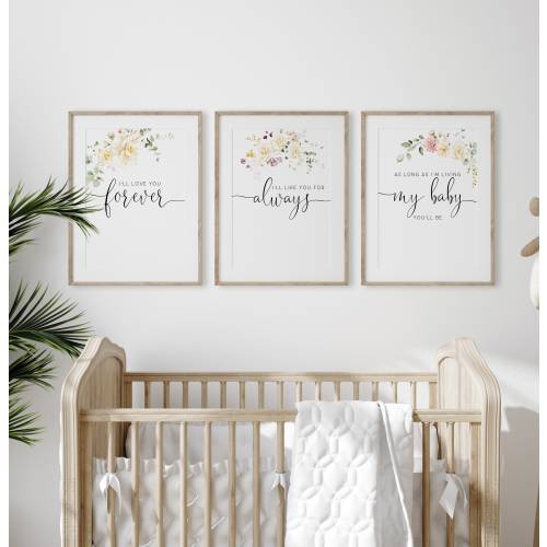 Nursery Set of 3 Printable Wall Art Quotes, I'll Love You Forever, I'll Like You For Always, Watercolor Flowers Floral Nursery Prints