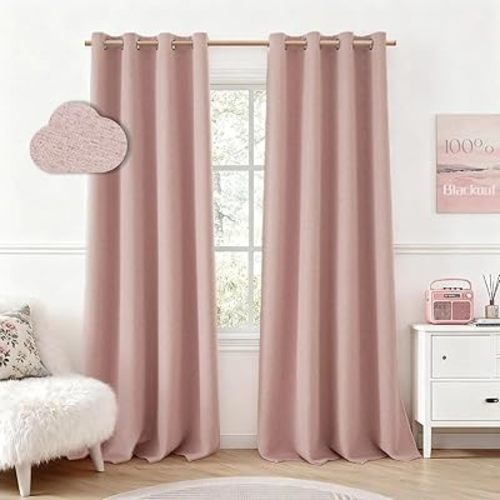 HOMEIDEAS Blush Pink 100% Blackout Curtains 84 Inches Long, Thick Faux Linen/Linen Blend Textured Window Drapes, Cute Room Darkening Grommet Curtains for Girls Bedroom, Nursery, Living Room