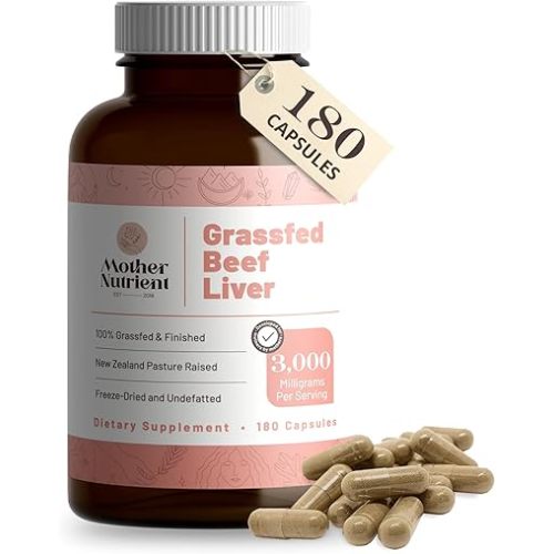 Mother Nutrient Grass Fed Beef Liver Capsules Sourced from Pasture-Raised Beef in New Zealand — Vitamins A and B12 w/Iron, Protein, and More - 45-Day Supply-180 Capsules
