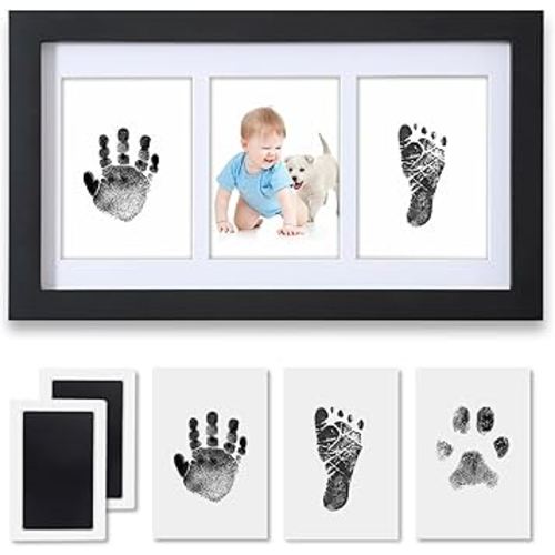 PewinGo Hand and Footprint Kit,Inkless Handprint Kit with 2 Safe Clean-Touch Ink Pads and a Wooden Baby Picture Frame Gifts for New Parents, Shower Gift-Black