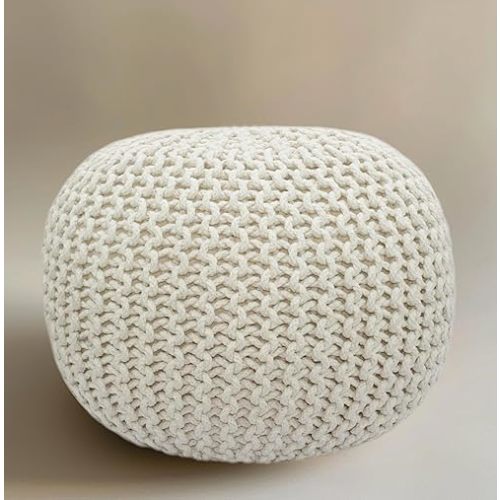 COTTON CRAFT Round Dori Pouf - Cotton Braid Cord Cable Knitted Ottoman - Foot Stool Footrest Floor Pouf Accent Furniture Bean Bag - Living Room Dorm Décor - 20.5 Dia x 13.5 High - Round Ivory Cream
