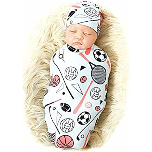 Galabloomer Newborn Swaddle Blanket with Beanie Set Baby Boy Receiving Blanket Sports Ball
