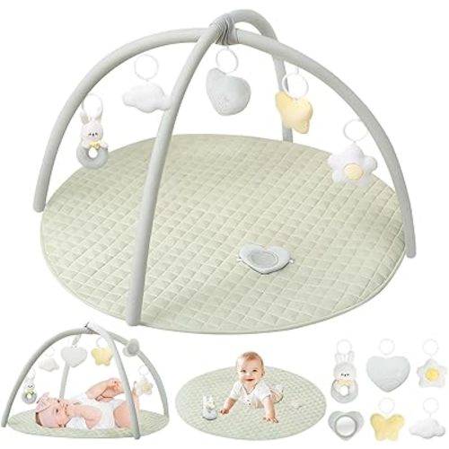 Baby Play Gym and Tummy Time Mat - Plush Play Mat with 6 Detachable Toys for Babies 0-6-12 Months, Baby Activity Mat Promote Motor Skill Development, Green
