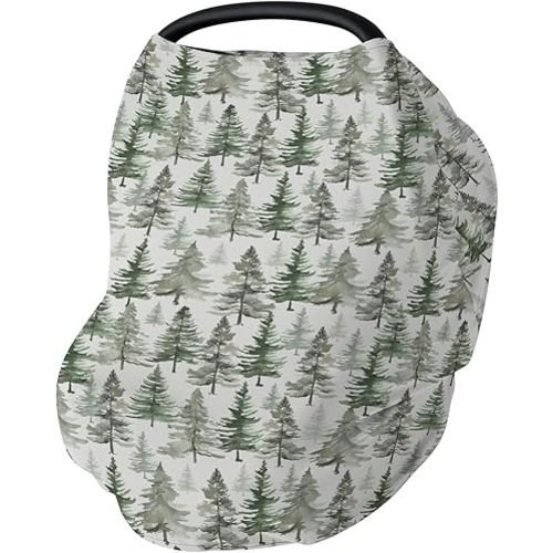 Vintage Green Pine Trees Car Seats Cover for Babies Gender Neutral Trees Stretchy 5-in-1 Cover Adjustable Car Canopy Breastfeeding Cover Winter Christmas Pines Breathable Nursing Cover-Up
