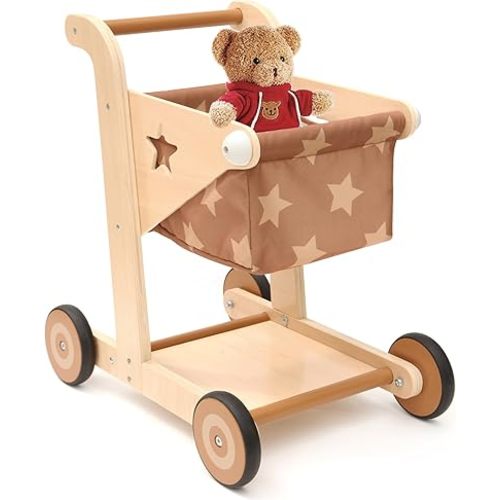 Asweets 2 in 1 Wooden Baby Walker Push and Pull Doll Stroller,Shopping Cart Learning Walker for Boys and Girls Sit Stand Learning Walker Toddler Toy (Brown)