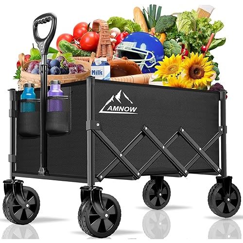 Collapsible Folding Wagon Cart, 350LBS Utility Large Capacity Cart Foldable Wagon with All Terrain Wheels, Grocery Wagons Carts for Garden Shopping Sports Camping, Black