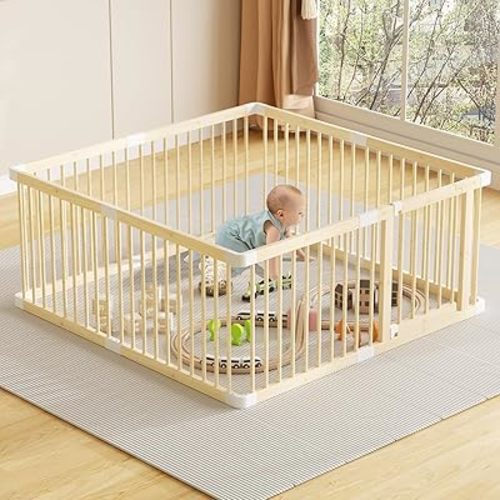 LOVMOR Large Wooden Baby Playpen, Adjustable Gate for Toddler and Babies, Sturdy Baby Fence Play Yard with Door, Safe Play Area Kids Activity Center Indoor Outdoor (56 * 56 * 24 Inch)