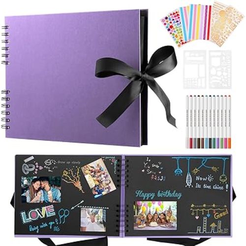 DazSpirit Scrapbooking Photo Album, DIY Photo Album Self Adhesive With 12 Metal Pens, 80 Pages Purple Scrapbooking Handmade DIY Photo Scrapbook, Gifts For Baby Child Wedding Travel Festival Graduation