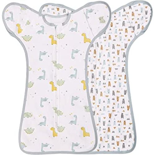 2 Pack Transition Swaddle with 2 Way Zipper, 2 in 1 Arms in/Out Transitional Arms Up Swaddle, 100% Cotton Newborn Swaddles Zipper Swaddles Baby Swaddling Sack Sleeping Sack 3-6 Months, Dinosaur & Bear