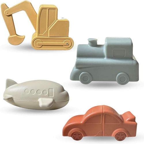 Vehicle Bath Set, Non Toxic Aesthetic Toys for Baby and Toddler, Includes a Car, Plane, Excavator and Train, Perfect for Bathtub, Water Tables, and Beach Play