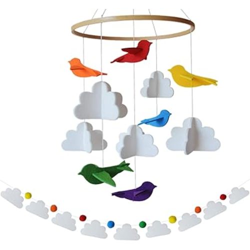 Baby Crib Mobile (Rainbow Birds in The Clouds, w/Garland) - Felt Nursery Ceiling Decoration and Baby Shower for Girls & Boys