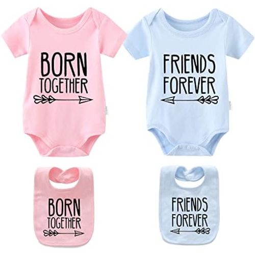 YSCULBUTOL Baby Twins Bodysuits Best Friends Forever Baby Clothes Set with Bibs Girl Outfit with hat