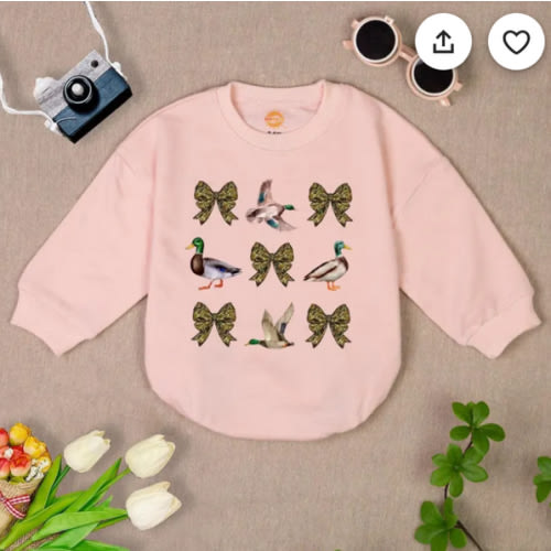 Duck Hunt Camo Coquette Bow Romper Sweatshirt, Newborn Outfit, Camouflage Bow Baby Clothes, Baby Shower Gift, Wildlife Baby Outfit