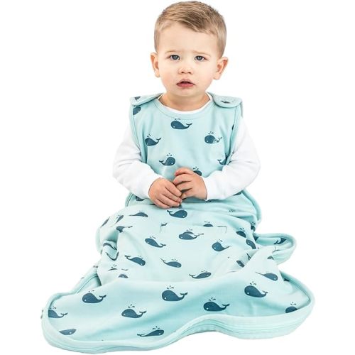 Woolino Ultimate Baby Sleep Sack - 4 Season - Merino Wool and Organic Cotton Two-Way Zipper Adjustable Baby Sleeping Bag - Universal Size Sleep Sack for Baby (2-24 Months) - Whales