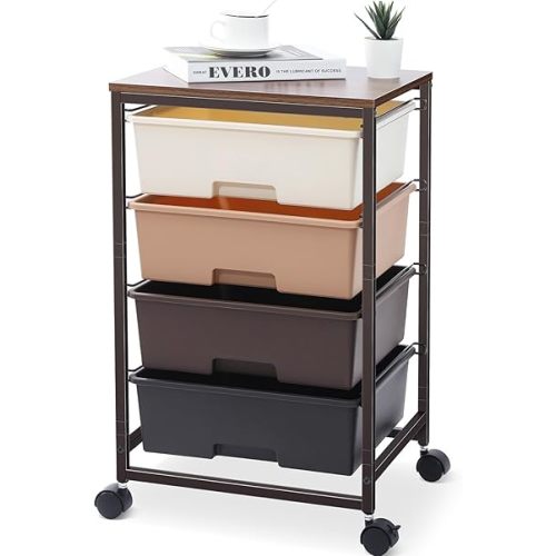 Utility Cart with 4 Drawers,Rolling Storage Cart with Drawers,Storage Rolling Drawer Cart with Wooden Tabletop for Bedroom,Kid's Room,Dorm,Classroom,Office,Brown