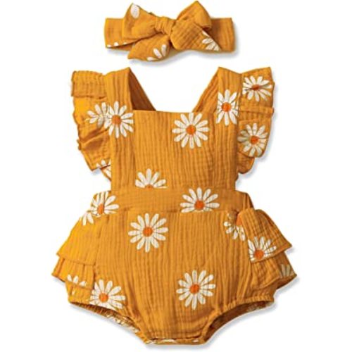 PATPAT Newborn Baby Girl Clothes Daisy Print Crepe Fabric Baby Romper Set Infant Girl Outfits 2PC Set 100% Cotton