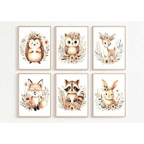 6 Pcs Woodland Nursery Canvas Wall Art Neutral Minimalist Cute Forest Animals Watercolor Paintings Pictures Wall Decor Poster Print Artwork For Kids Room Baby Room Boys Girls Bedroom Unframed